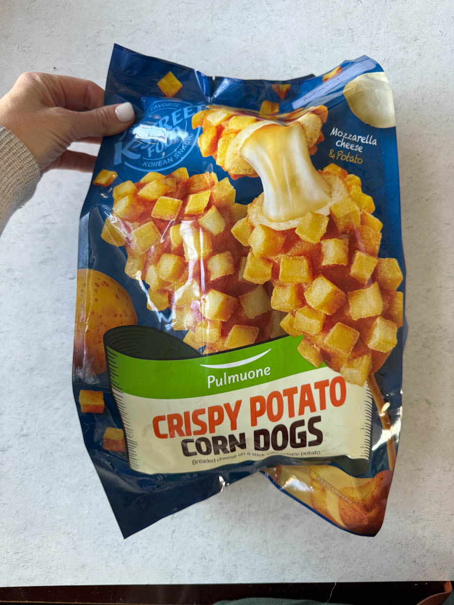 a package of Costco crispy potato corn dogs frozen