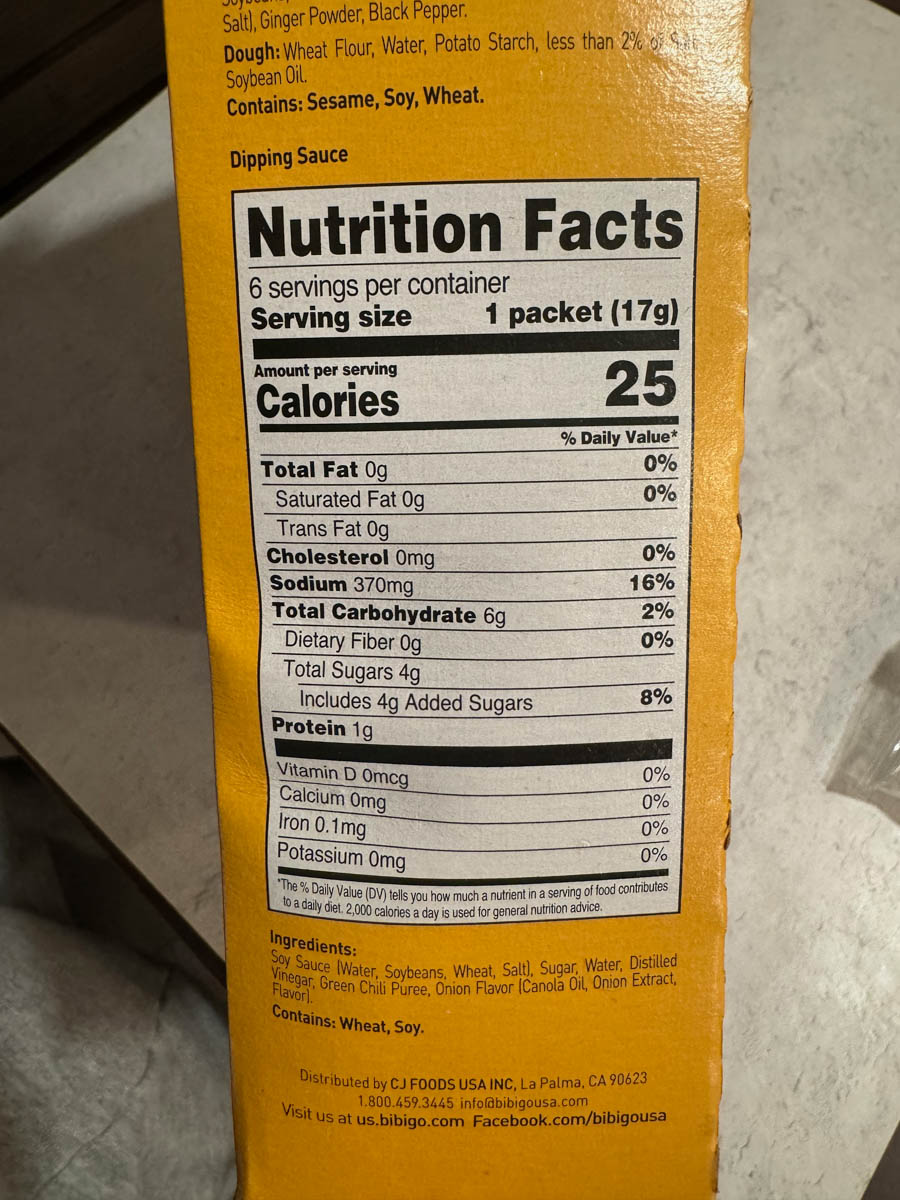 nutritional facts label on the box