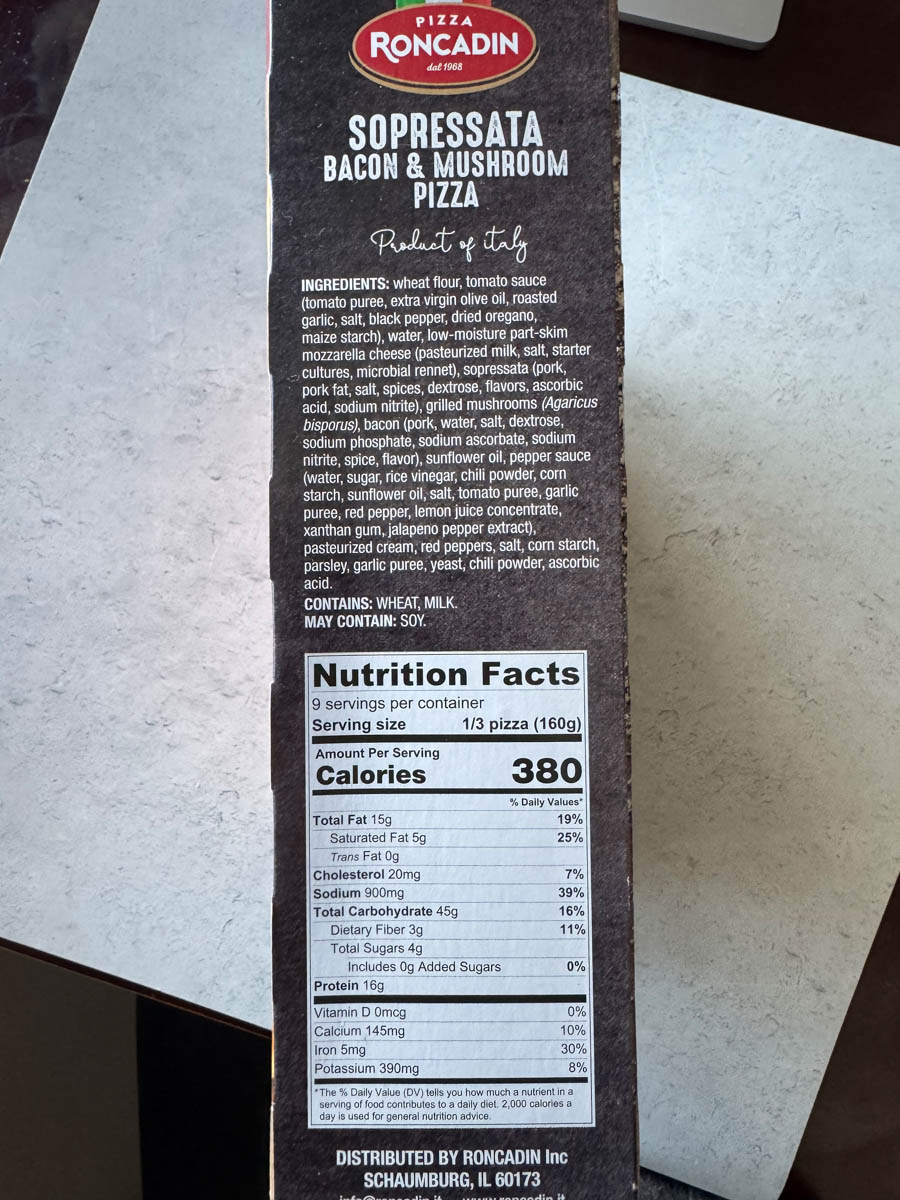 nutritional facts label on the box