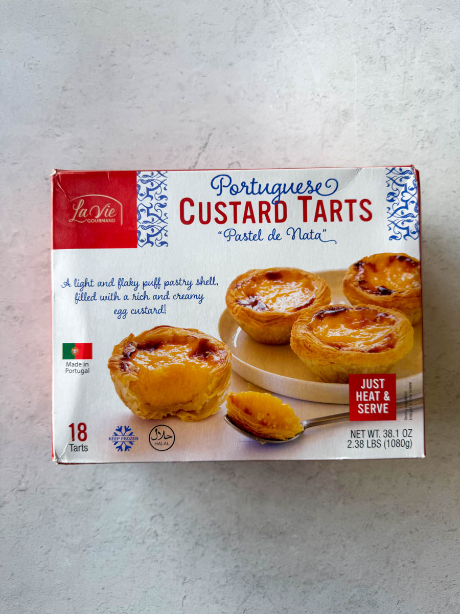 Portuguese custard tarts box on the table