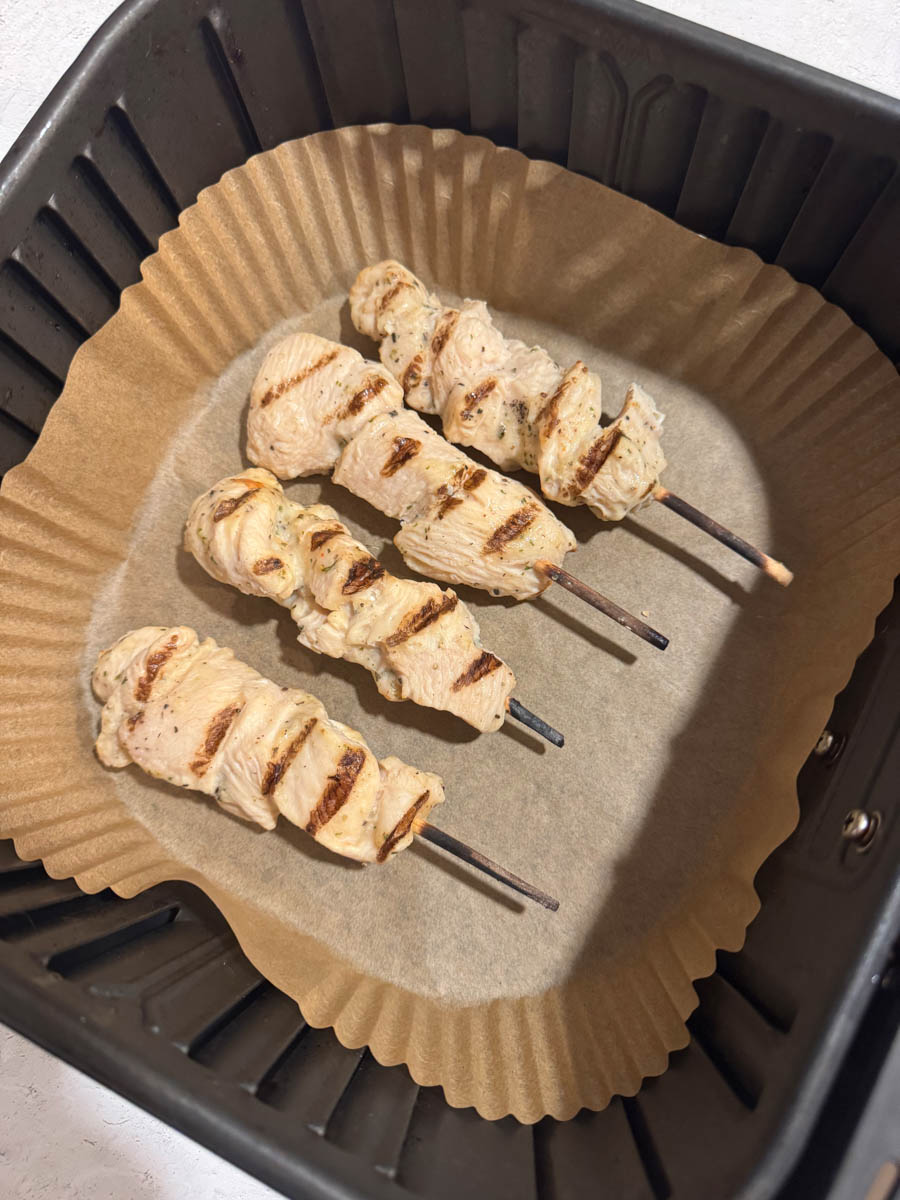 four chicken skewers in the air fryer