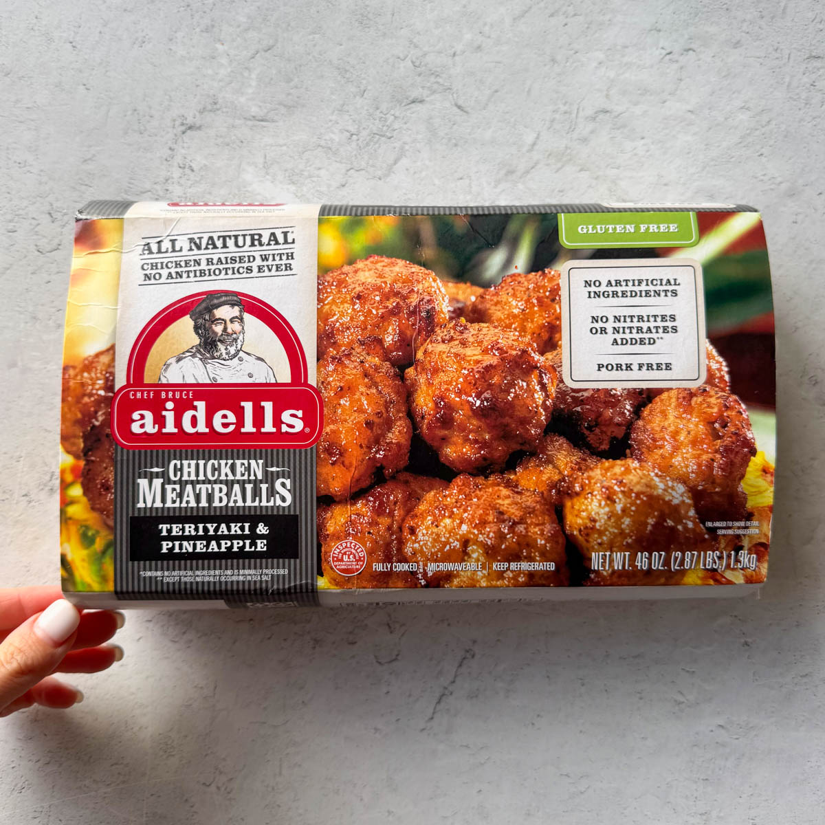 aidells chicken meatballs package on the table