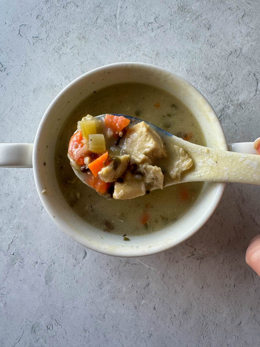 a scoop full of costco wild rice soup