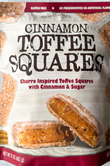 cinnamon toffee squares plastic package on the package