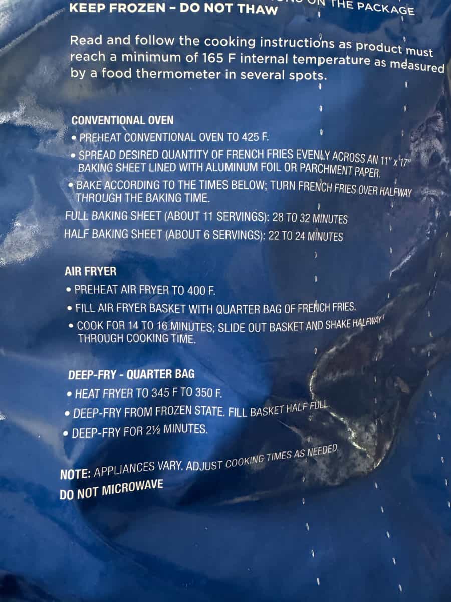 Frozen food packaging with detailed cooking instructions for oven, air fryer, and deep fryer methods.
