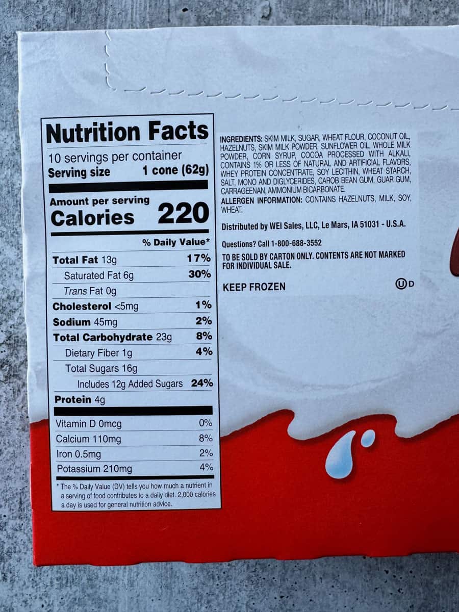 Nutrition facts label showing calorie count and ingredients for a snack product.