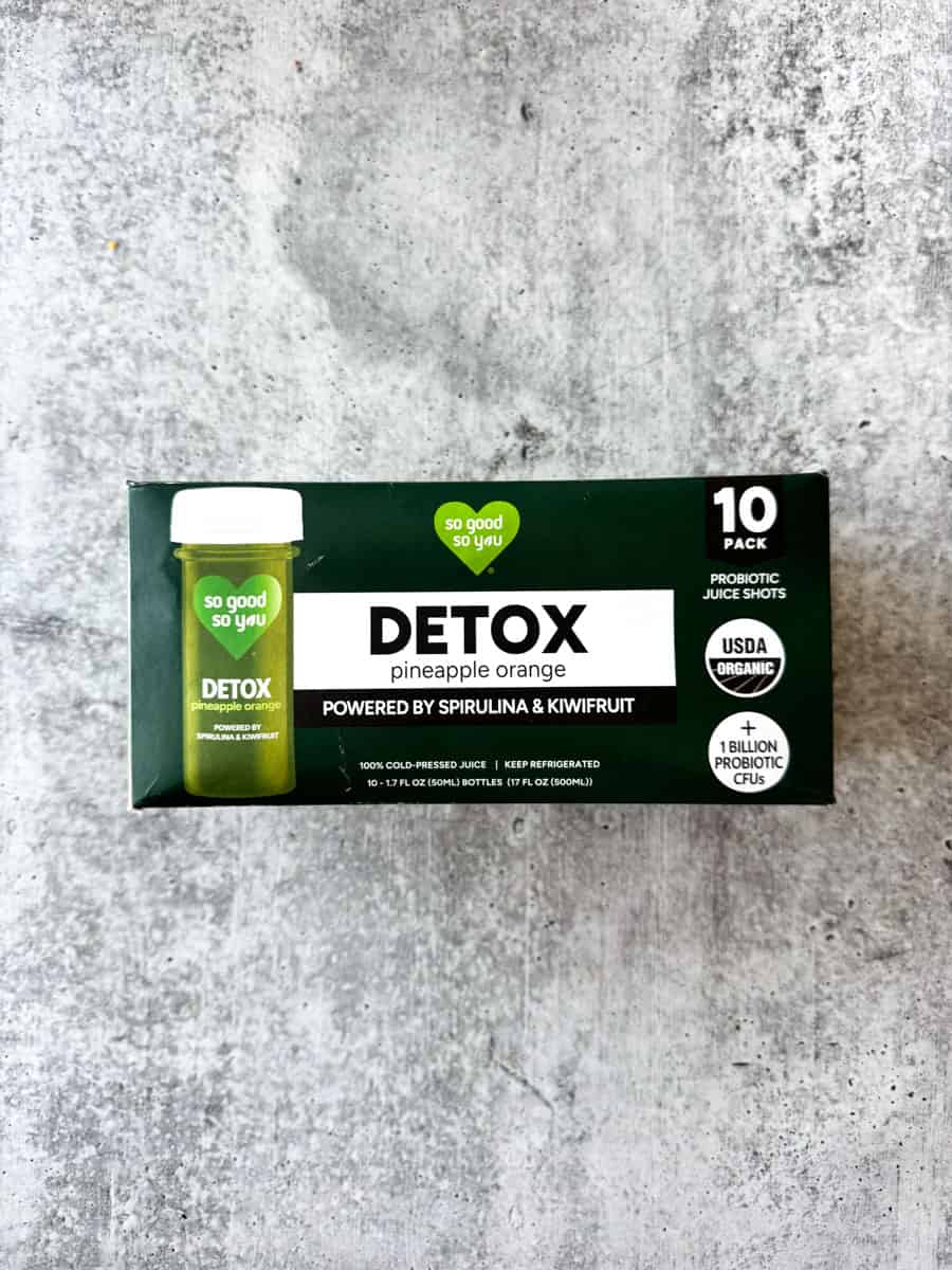 Detox pineapple orange probiotic shots in a 10-pack from Costco.