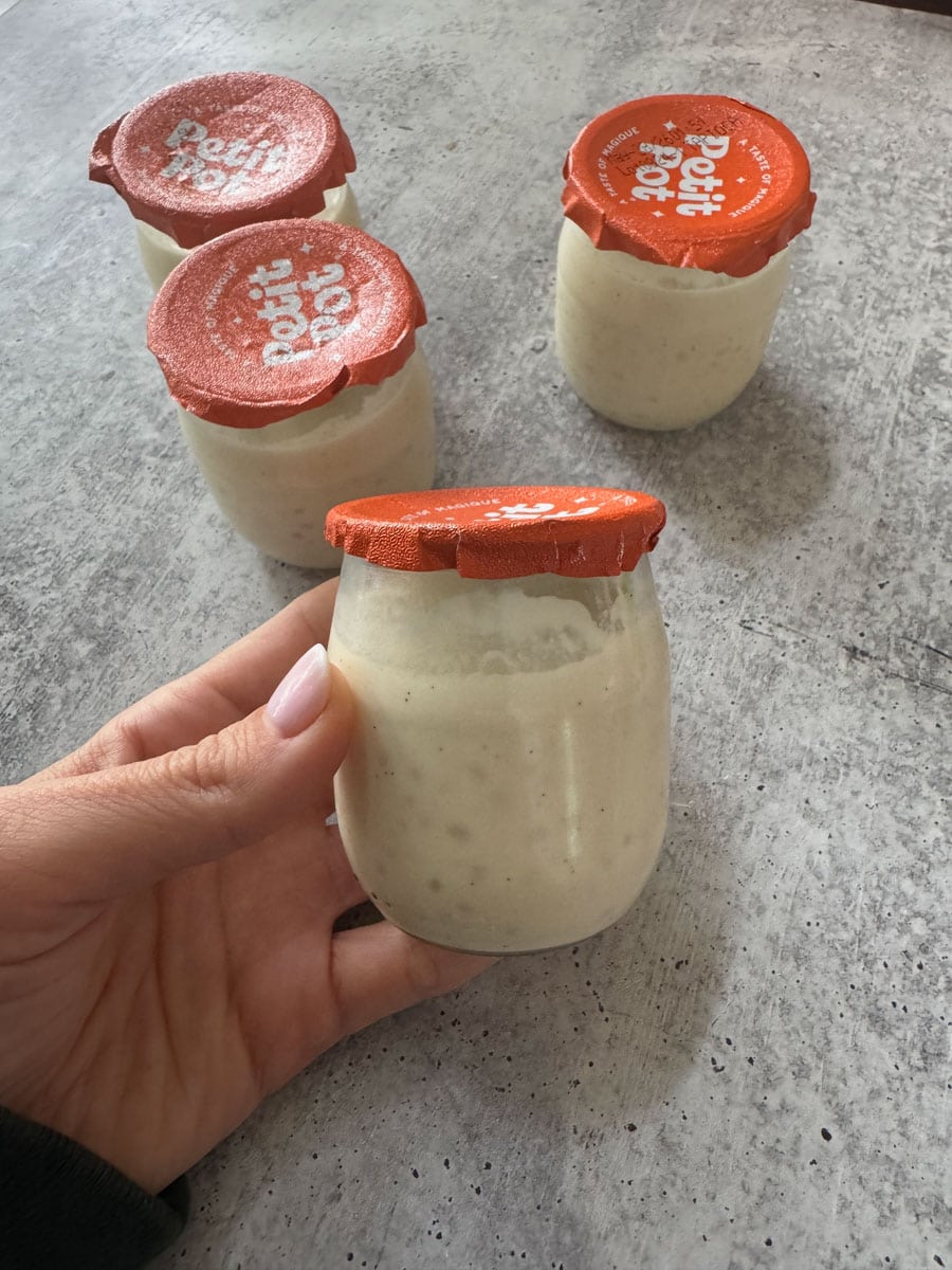Fresh homemade-style pot pie soups in small jars at Costco.