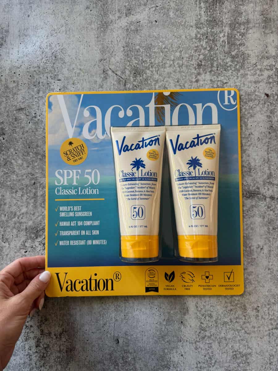 Vacation SPF 50 Classic Lotion sunscreen duo in packaging.