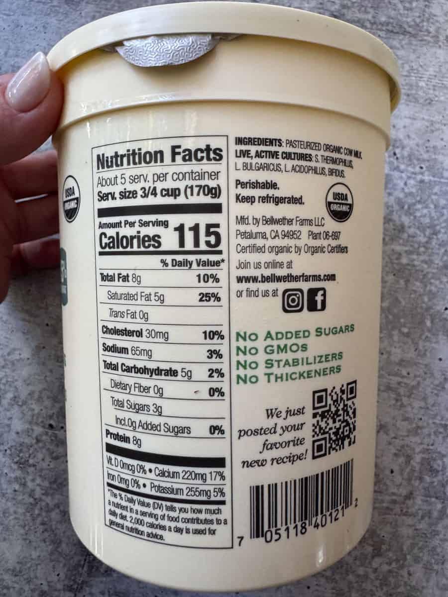 About 5 servings, 115 calories per container, 8g total fat, 30mg cholesterol, 65mg sodium, 5g total.