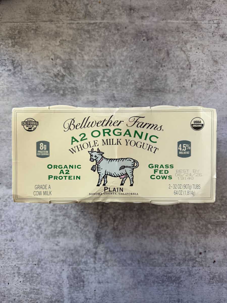Organic Bellwether Farms yogurt with plain flavor and grass-fed cows, 4.5% milk fat, 8g protein, 32.