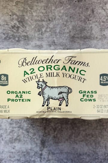 Organic A2 milk yogurt with plain flavor, grass-fed cows, and 4.5% milkfat.