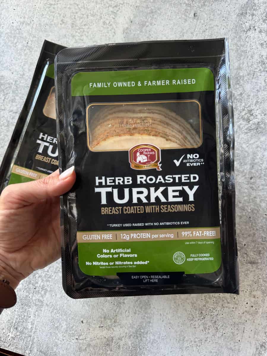 Packaged herb roasted turkey breast from Costco, gluten-free, high in protein, no artificial flavors.