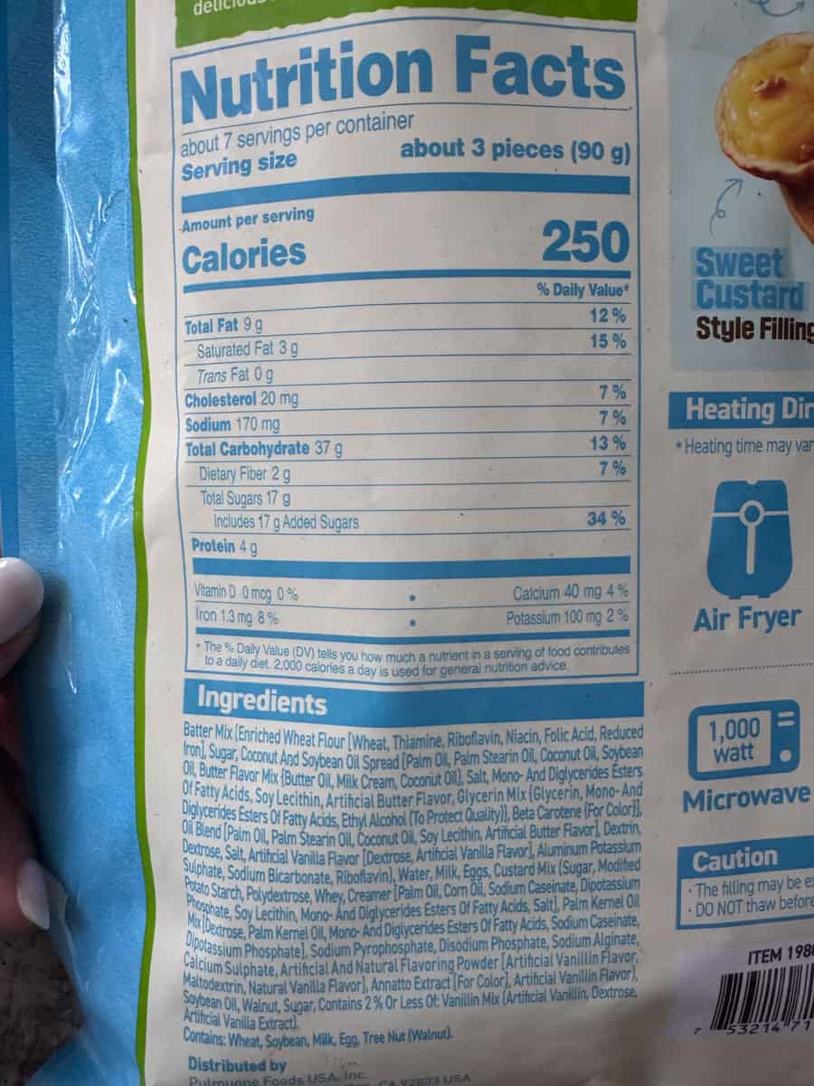 Nutrition Facts label for a food product, showing calories and ingredients.