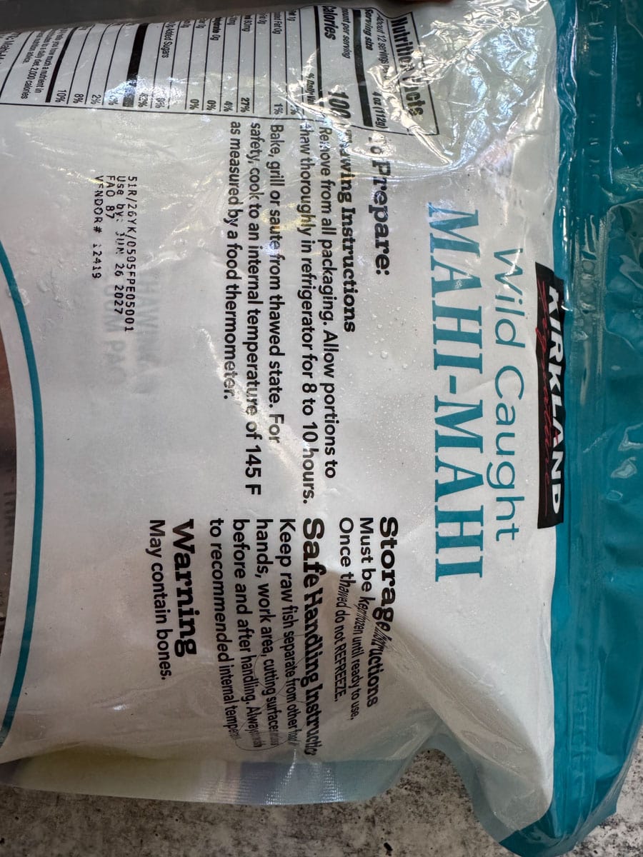 Wild caught Wahini Mahi fish in packaging from Costco, ready for cooking.