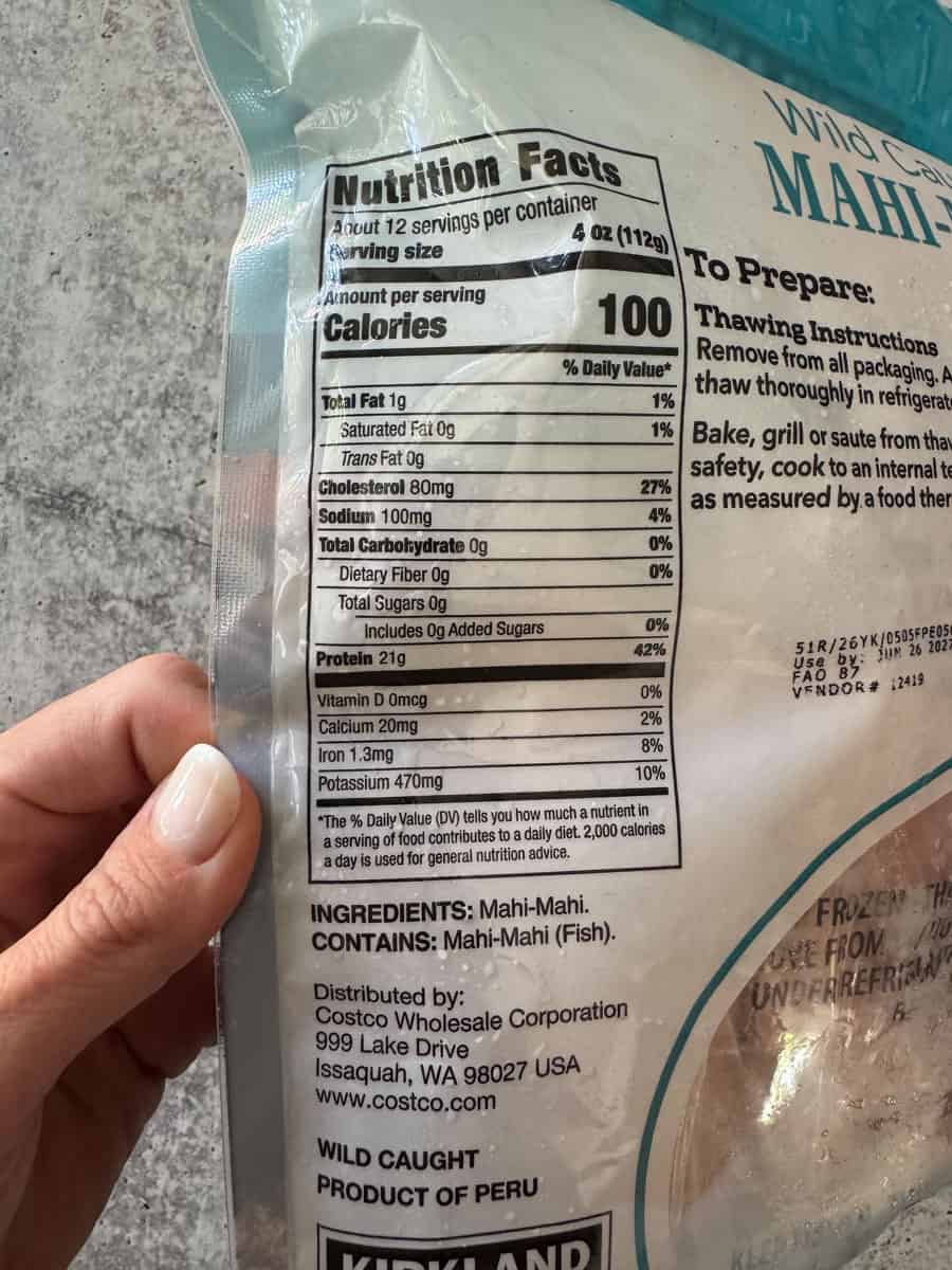 Fresh Mahi-Mahi fish fillet with nutrition facts and ingredients from Costco.