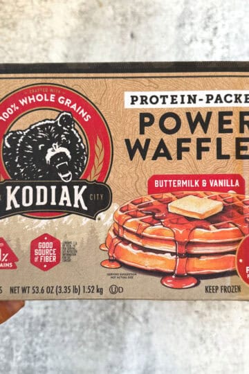 Kodiak Power Waffles with buttermilk and vanilla flavor, 12g protein per serving.