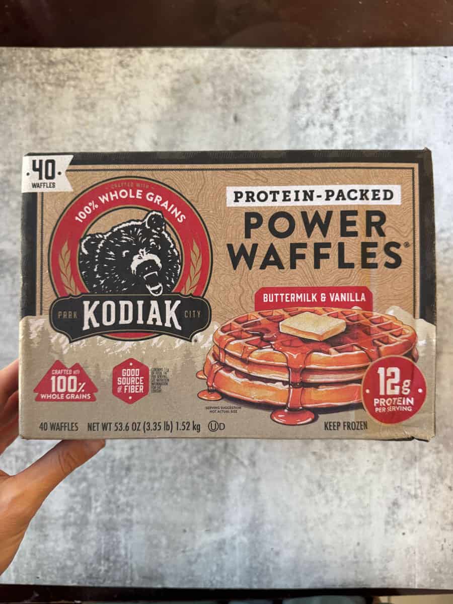 Kodiak Power Waffles box with bear logo and syrup, 40 waffles, protein-packed.