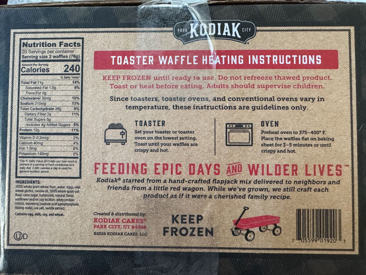 Kodiak toaster waffle box with heating instructions and nutritional facts.
