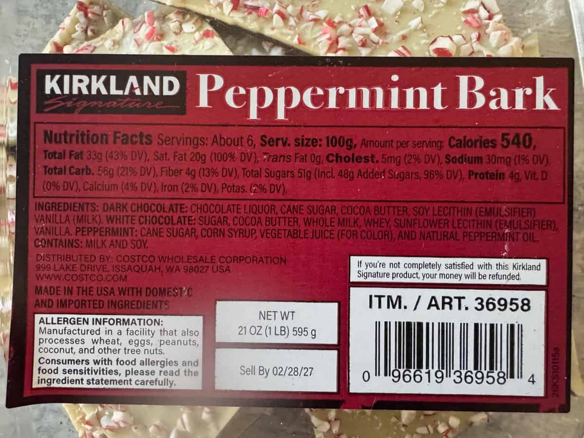 Kirkland Peppermint Bark chocolate with peppermint pieces, 21oz package.