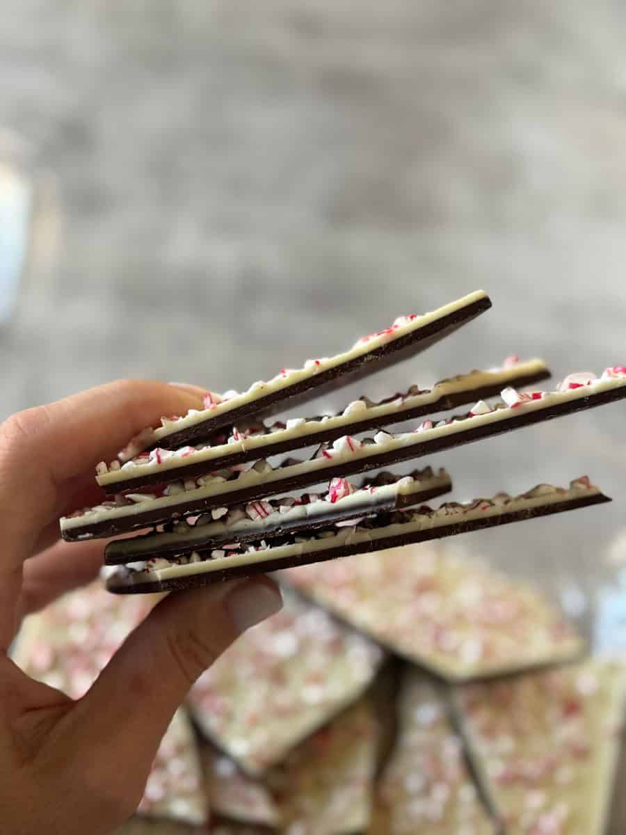 Hand holding layered chocolate treats with floral-patterned packaging in background.