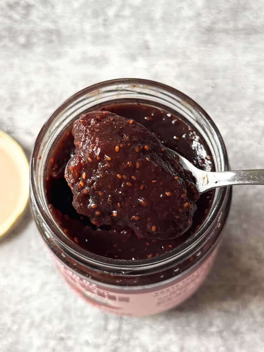 Close-up of berry jam in jar with spoon for My Costco Finds.