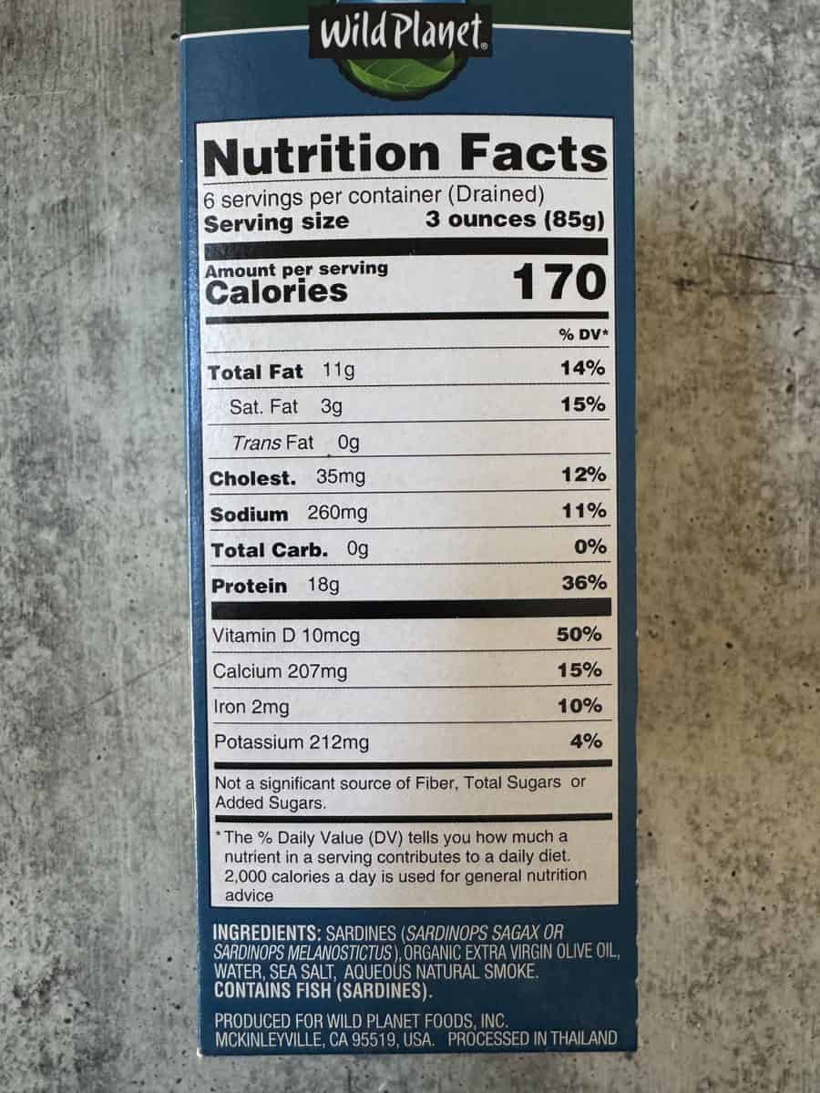 Nutrition Facts panel on a Wild Planet product box with protein and minerals shown.