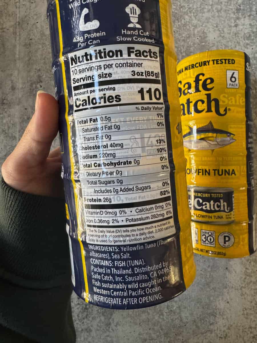 My Costco Finds image featuring tuna snack packs with nutrition label visible.