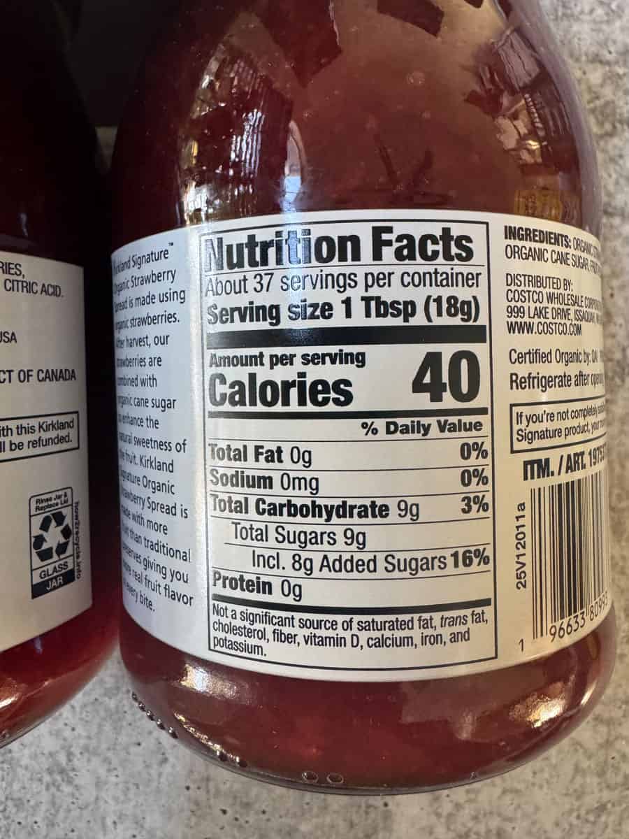Nutrition facts label on a bottle from Costco with calories per serving.