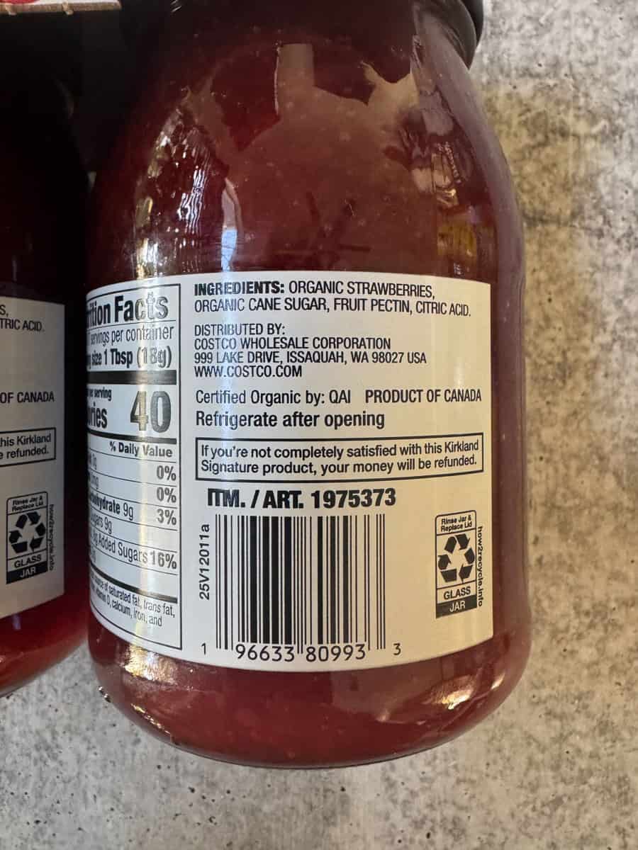 Organic strawberry jam from Costco withIngredient label visible.