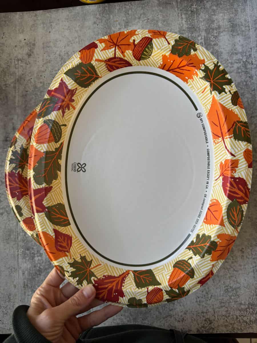 Autumn leaf patterned paper plate from Costco finds.