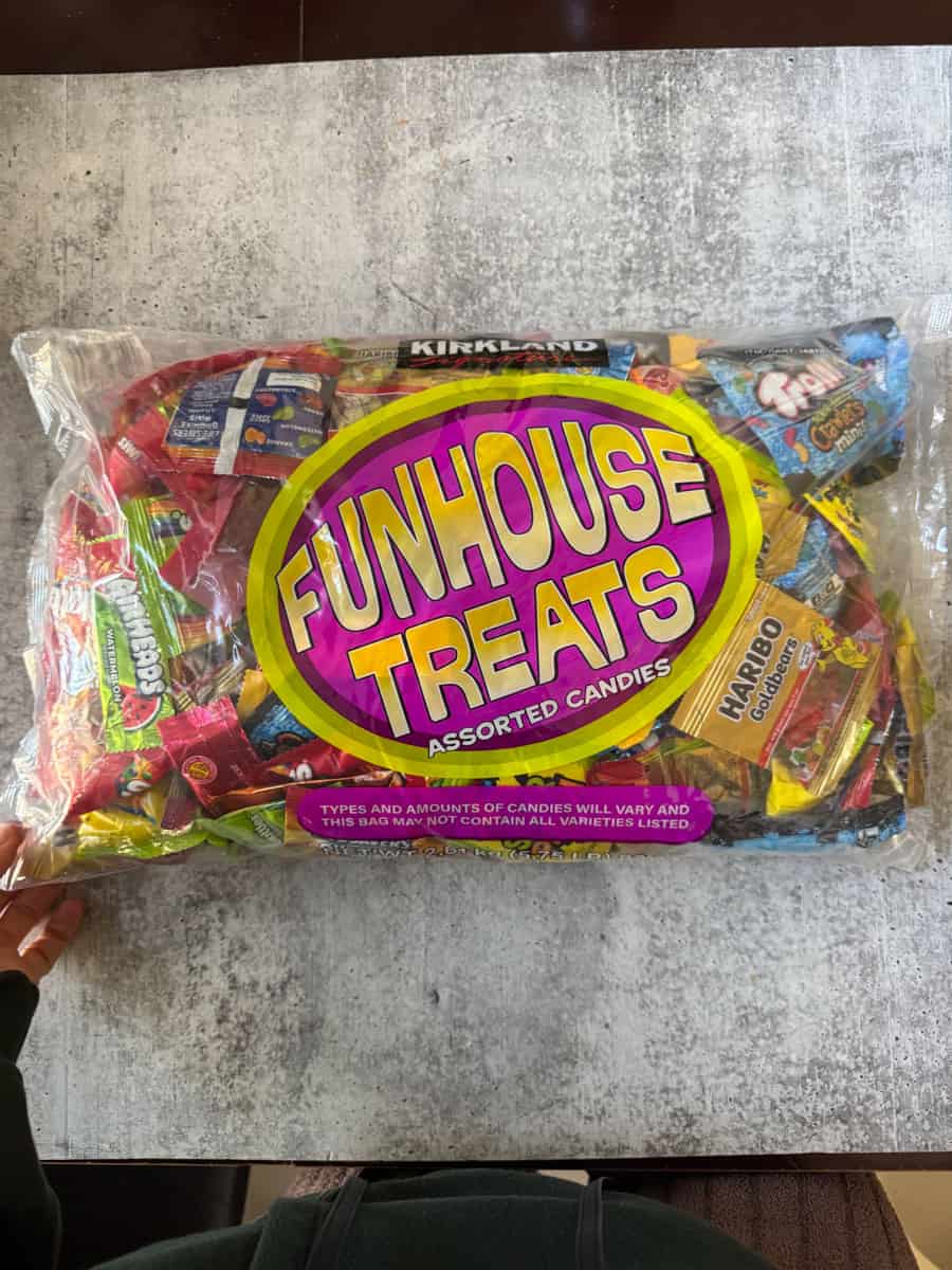 Assorted candy bag with FunHouse Treats label and various colorful wrappers.