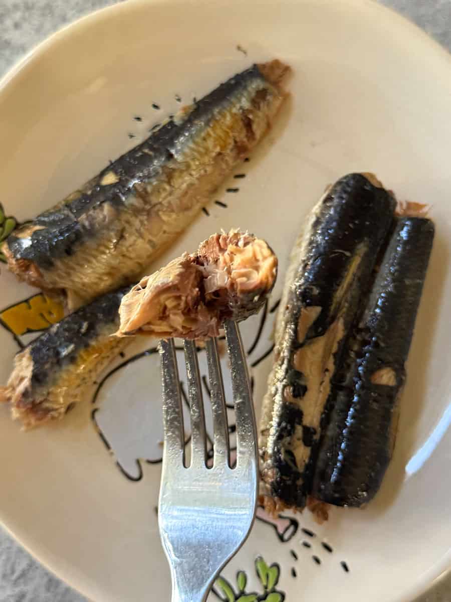 Grilled tuna bites on a plate with fork.